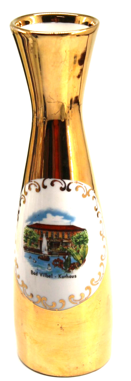 Stunning 24K Gold Painted Bad Vilbel Kurhaus Flower Vase 8" Tall Building Boat